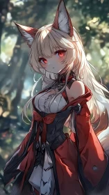 Fox-eared anime girl in red cloak under soft forest bokeh