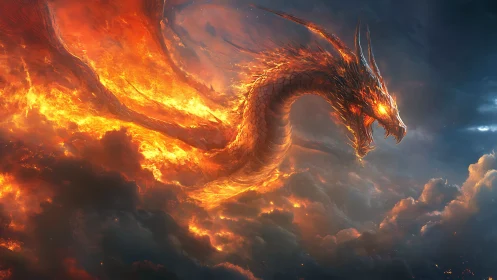 Sky-scorching fire dragon coiled in storm-lit clouds.