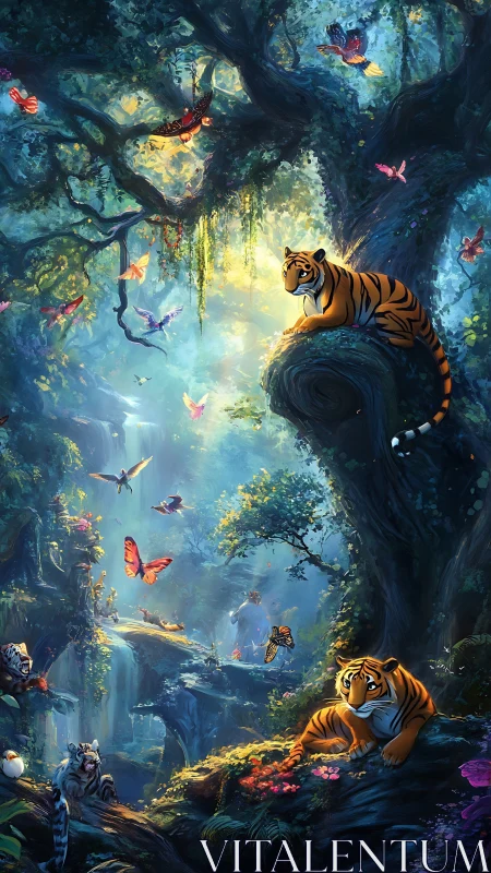 Tigers and butterflies in dense forest with waterfalls scene.
