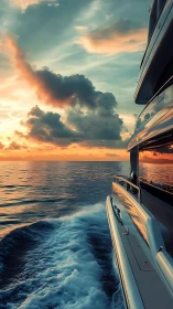 Sunset wake trailing beside a sleek ocean yacht escape.