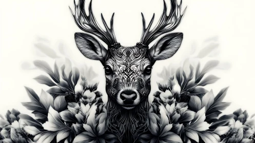 Ornate monochrome stag portrait merges florals and linework
