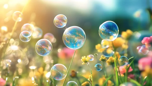 Iridescent Bubbles Float Among Blooming Wildflowers.
