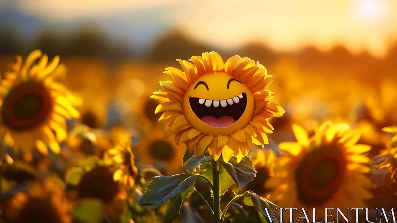 Smiling emoji sunflower glows in golden sunset field.