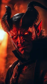 Infernal horned warlord glares through molten shadowed fire.