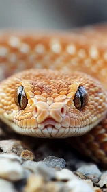 Close frontal macro of patterned orange snake face.