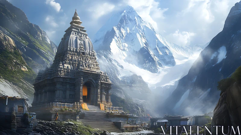 Mountain temple sanctuary beneath towering snow peak.