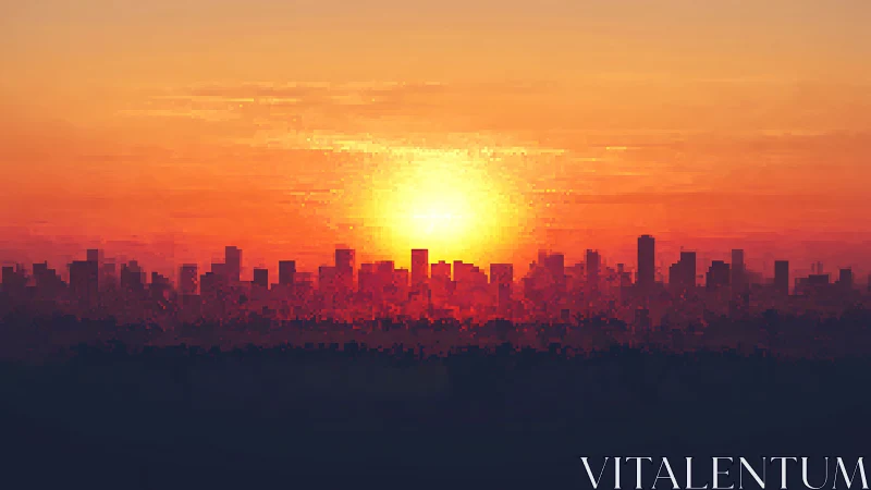 Vibrant pixel art city skyline glows under a blazing sunset