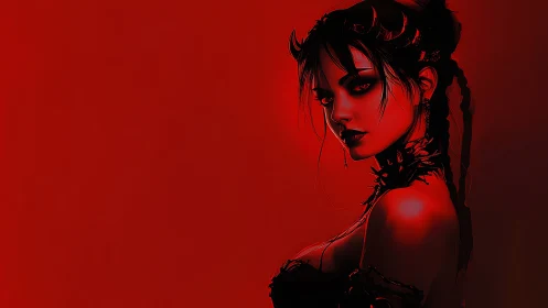Demon horned woman rendered in red digital portrait