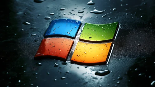 Rain-kissed quad-color tech emblem on slick midnight glass.