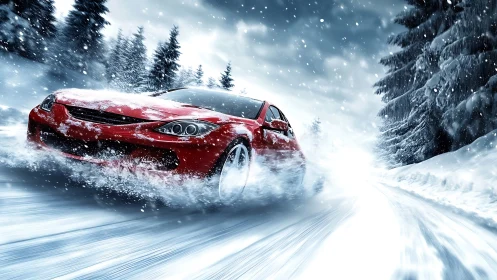 Red sports car traversing snowy forest road at speed.