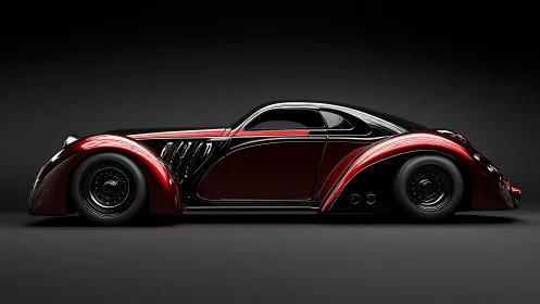 Streamlined retro-futurist coupé rendered in high-gloss 3D visualization