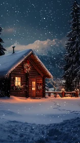 Snowfall over rustic cabin with warm festive glow.