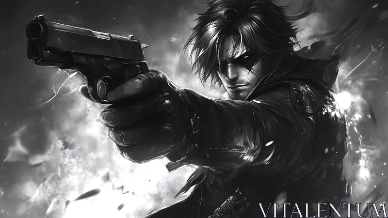 Dynamic grayscale gunman illustration uses high contrast motion blur