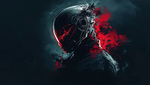 Shattered cybernetic sentinel wreathed in crimson smoke.