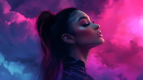 Profile portrait of woman in neon pink and blue clouds