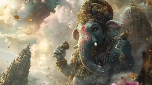 Ornate elephant-headed deity amid storm-lit temple clouds.