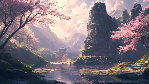 Serene mountain temple amid glowing cherry blossoms at dusk.