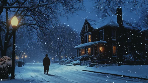 Nocturnal snowfall around illuminated suburban brick residence.