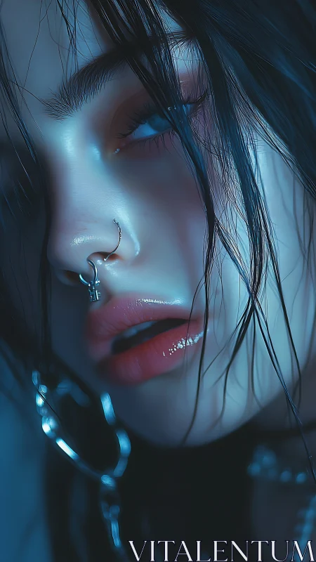 Neon-lit cyber-noir portrait renders wet skin and metal