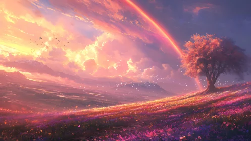 Sunlit rainbow meadow embracing a quiet, dreaming tree.