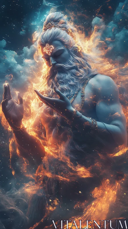 Serene cosmic deity wrapped in swirling celestial fire.