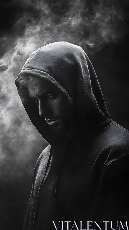 Mysterious hooded figure stands in swirling dramatic smoke