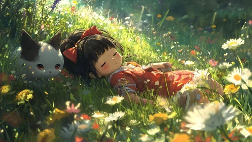 Sleeping girl and cat amid sunlit wildflower meadow.