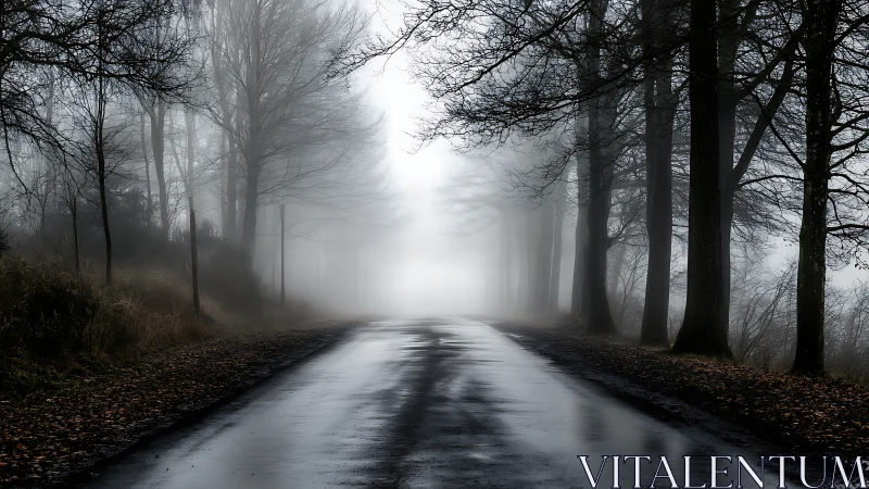 Fog-covered country road flanked by bare winter trees.