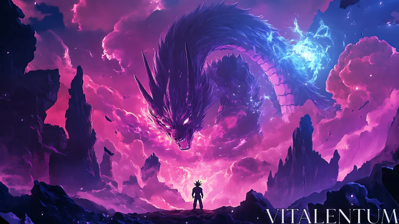 Lone warrior confronts cosmic dragon above neon storm canyon