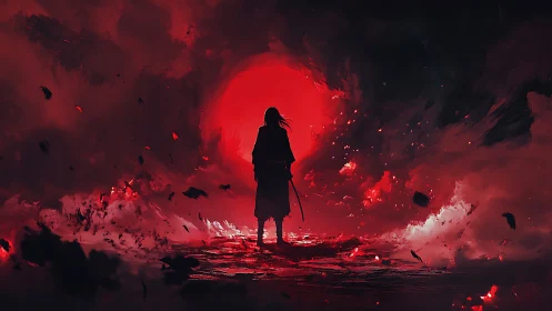 Silhouetted swordsman stands before large red circular light