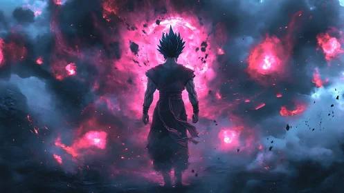 Energy-charged warrior silhouette amid cosmic firestorm.