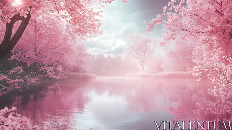 Sakura-lined river reflects soft pastel spring light.