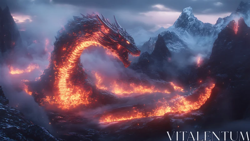 Fiery mountain dragon winding through glowing lava valley.