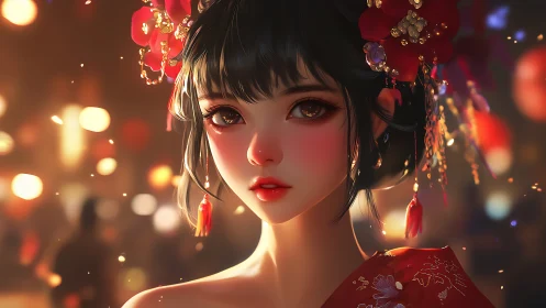 Gentle festival evening surrounds a graceful girl in red
