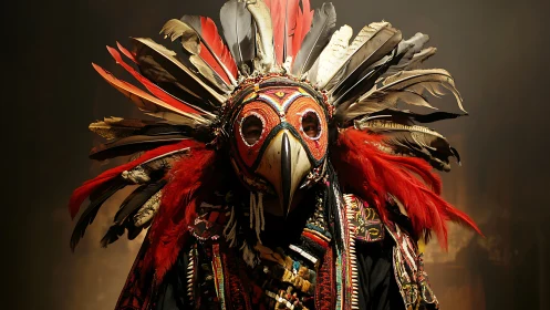 Masked shaman in ornate feathered bird headdress stands solemn