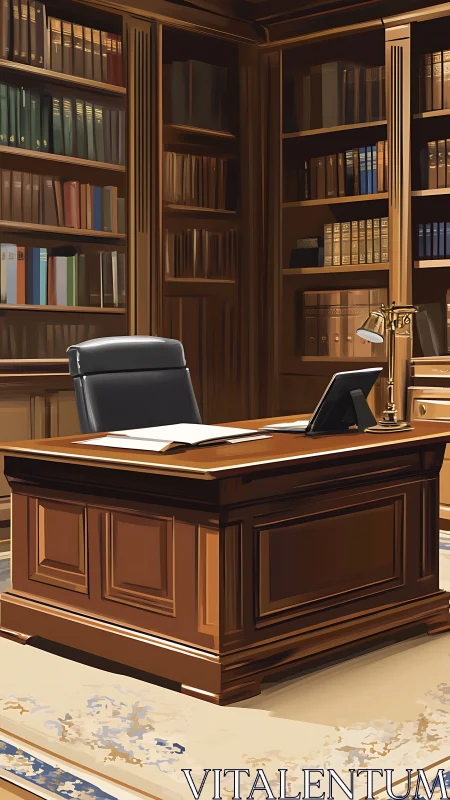 Mahogany mindscape in a book-lined law library office.