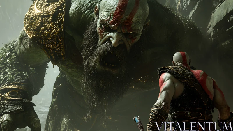 Giant armored creature confronts warrior in detailed 3D scene