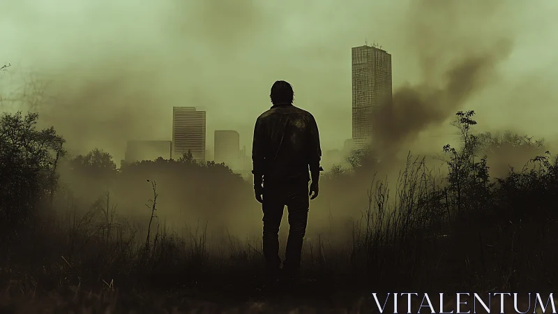 Lone dusk survivor stalking a ruined smog-soaked cityscape.