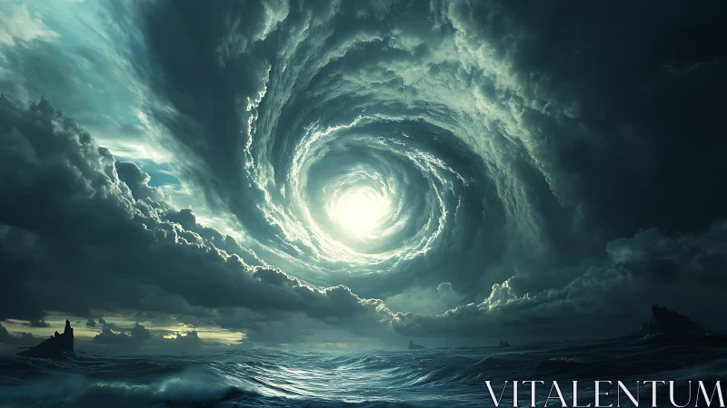Stormlit sea swirls toward a glowing celestial vortex above