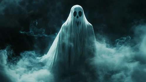 Shrouded spectral figure emerging through swirling fog banks.