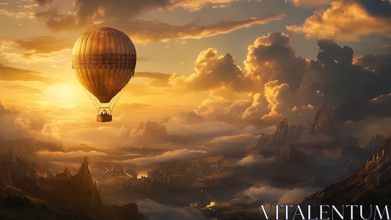 Hot air balloon above cloud-covered mountains at sunset.
