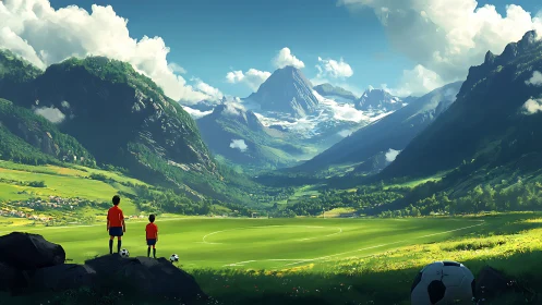 Two young players before vast alpine valley pitch scene.