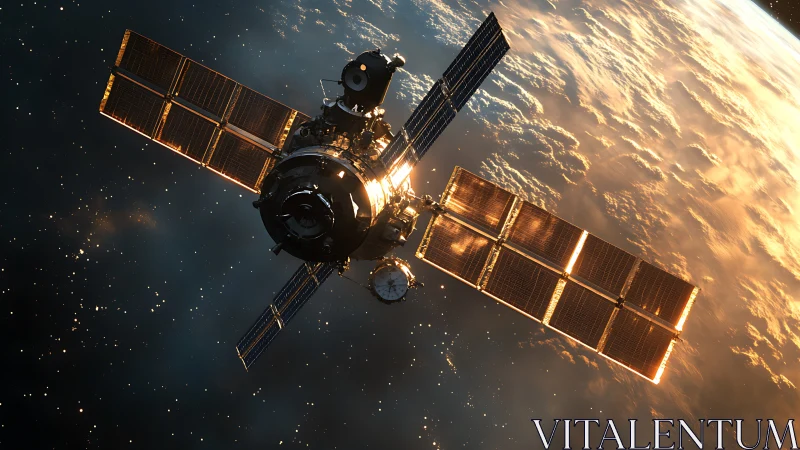 Solar satellite glows in low Earth orbit at golden sunrise.