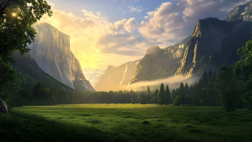 Sunrise fog drifts softly through a grand emerald valley