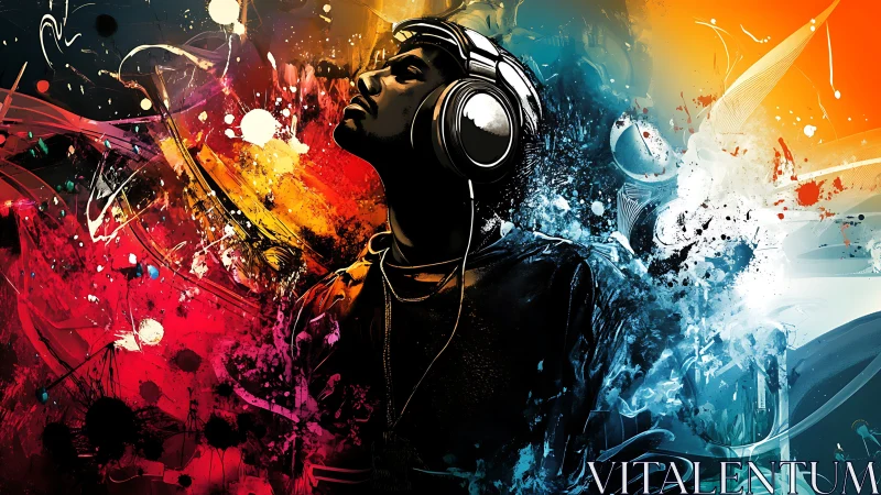 Man in headphones immersed in colorful abstract music art.