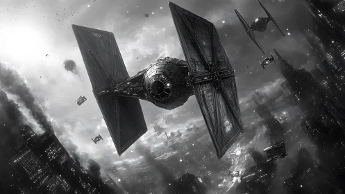 Orthographic starfighter swarm over dystopian megacity airspace.