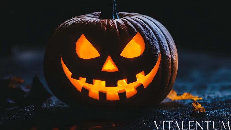 Low-key photograph captures carved jack-o’-lantern with internal glow