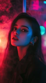 Neon lit portrait captures pensive woman in colored smoke