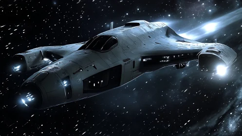 Stealth starship cuts through luminous deep space field.