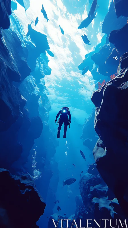 Solitary diver glides through a luminous ocean canyon